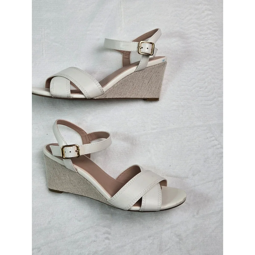 Cole Haan Grand 365 Cream Leather Wedge Sandals Womens 7B Off‎ White